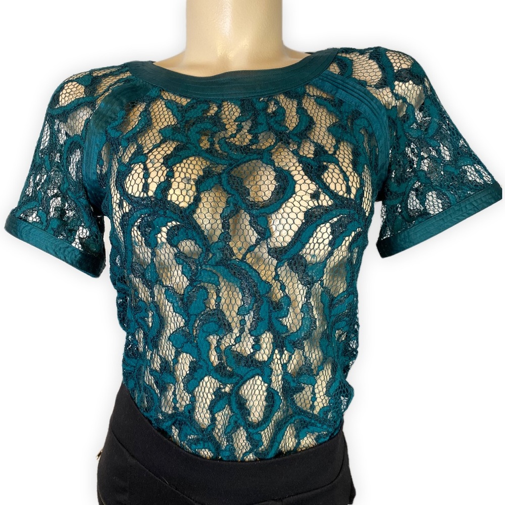 ^^HOST PICK^^ Teal Lace Overlay Blouse Sexy See Through • Size S